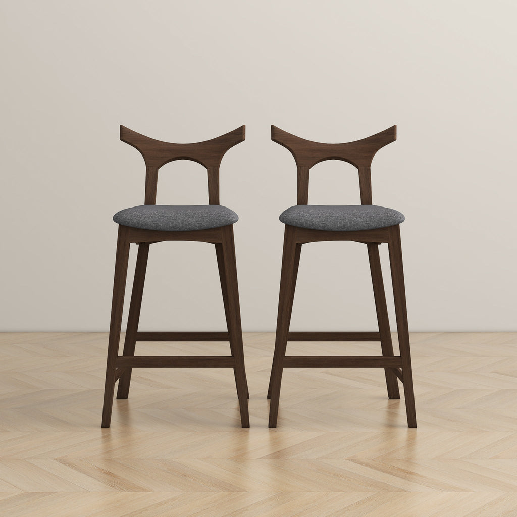 Dorane Solid Wood Frame Grey Fabric Upholstered Bar Stool - Set of 2