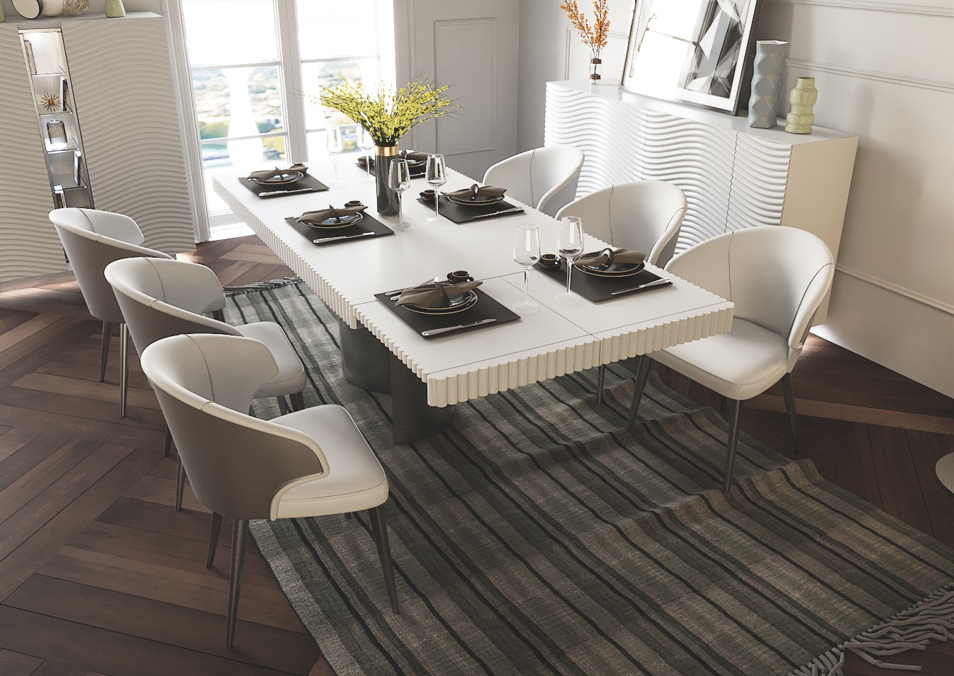 ESF Furniture -  Wave Dining Table 7 Piece Dining Room Set w/2-ext in White - WAVETABLEWHITE-7SET