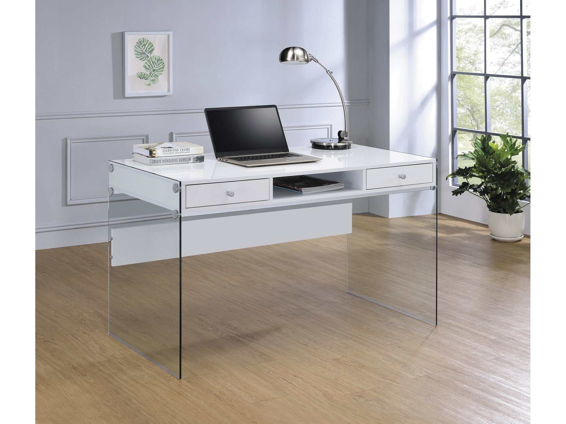 Dobrev 48-inch 2-drawer Writing Desk White High Gloss