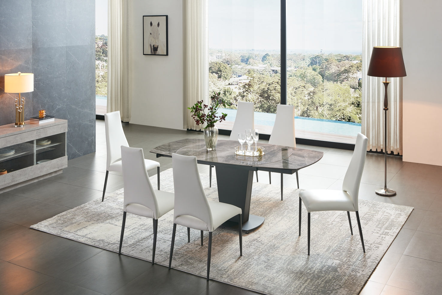 ESF Furniture - 2417 Marble Dining Table Grey Taupe with 3405 Chairs White 7 Piece Dining Room Set - 2417TABLEWHITE-3405-7SET