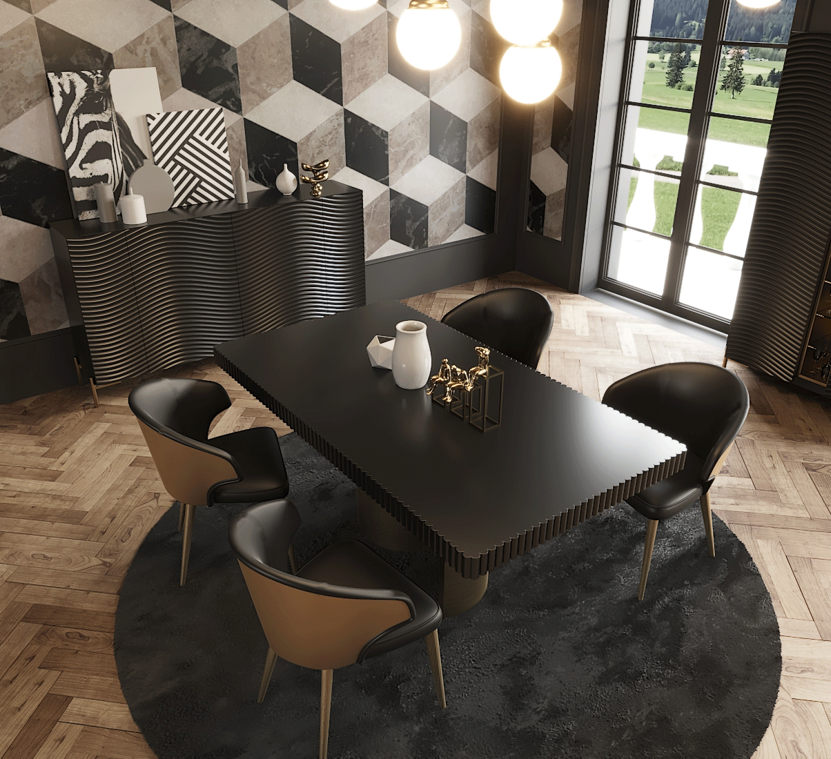 ESF Furniture - Wave Dining Table 5 Piece Dining Room Set w/2-ext in Dark Gray - WAVETABLEGREY-5SET