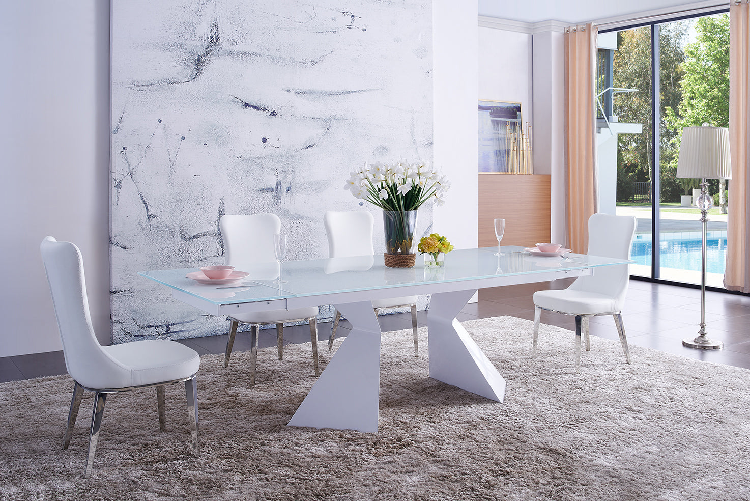 ESF Furniture - 992 Dining Table 9 Piece Dining Room Set in White - 992DININGTABLE-9SET