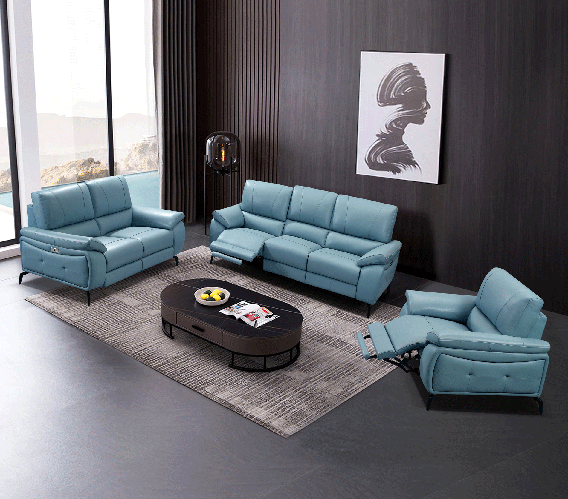 ESF Furniture - 2934 Living Room 3 Piece Living w/Electric Recliner Room Set in Blue - 29343BLUESLC-3SET