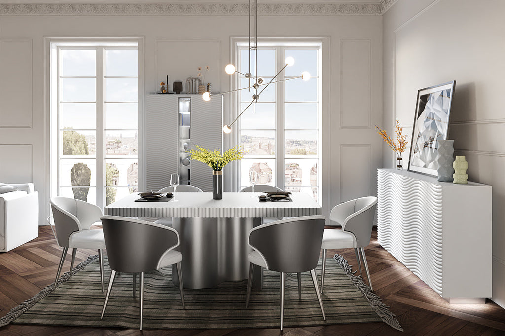 ESF Furniture - Wave Dining Table 9 Piece Dining Room Set w/2-ext in White - WAVETABLEWHITE-9SET
