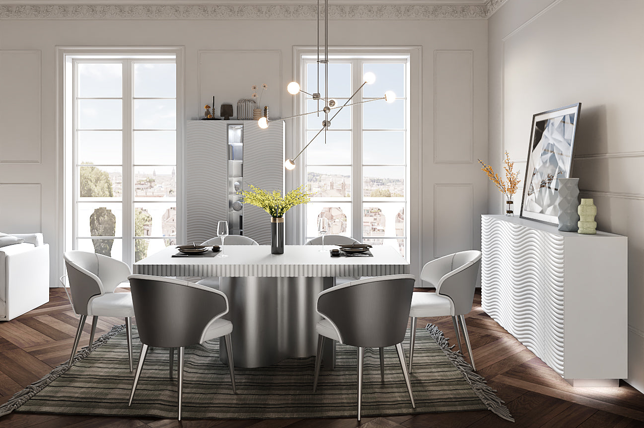 ESF Furniture - Wave Dining Table 9 Piece Dining Room Set w/2-ext in White - WAVETABLEWHITE-9SET