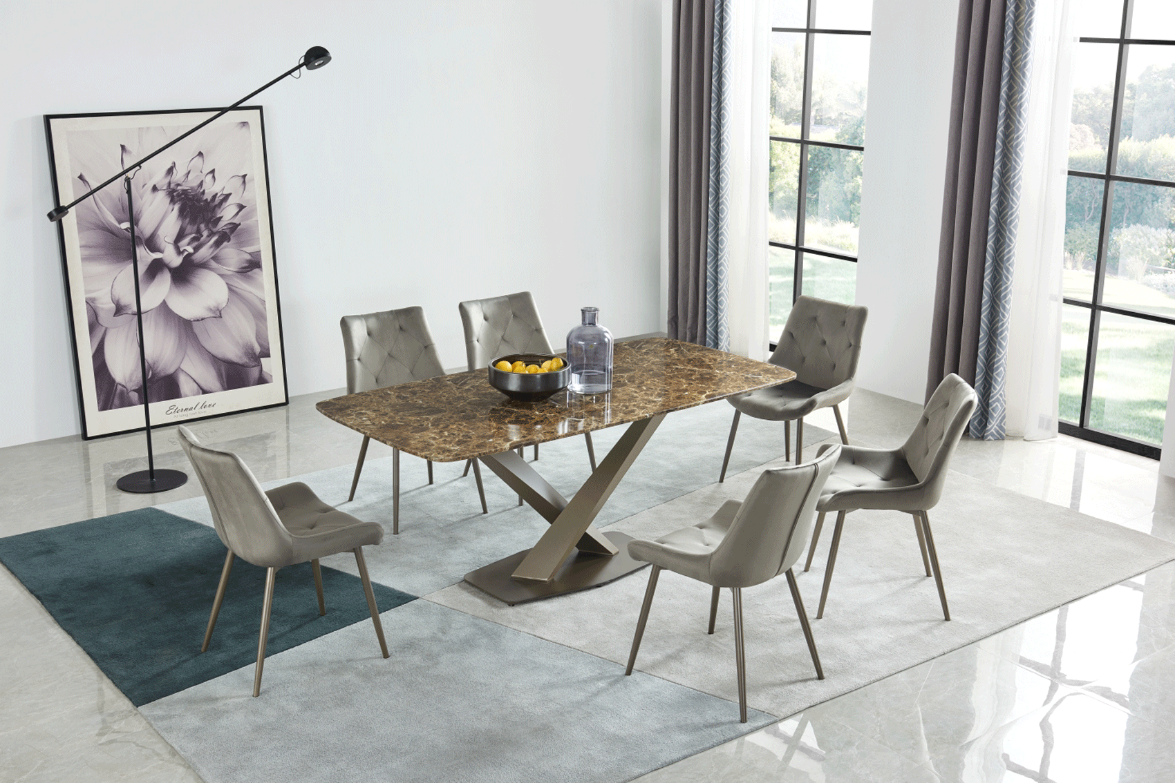 ESF Furniture - 311 Marble Dining Table with 137 Chairs 7 Piece Dining Room Set - 311DININGTABLE-137-7SET