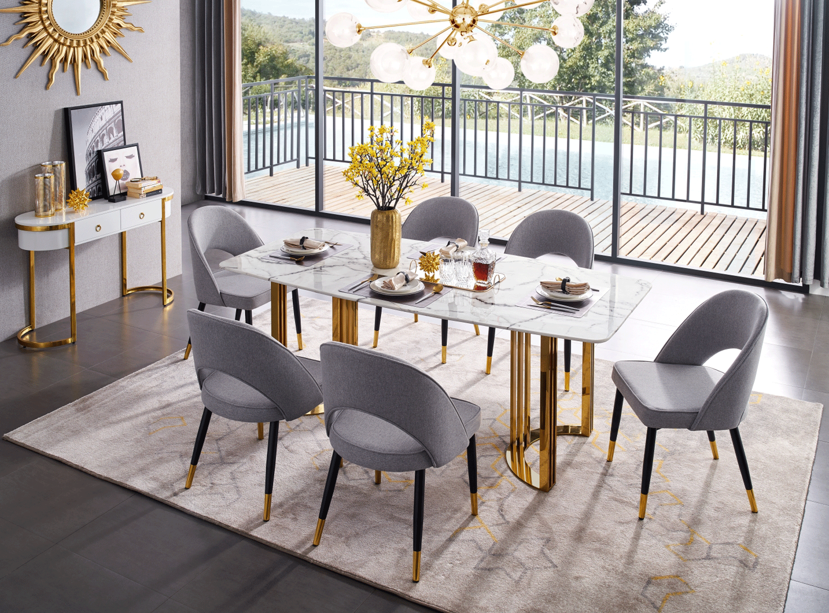 ESF Furniture - 131 Silver Marble 5 Piece Dining Room Set w-1ext in Silver - 131DININGTABLESS-5SET
