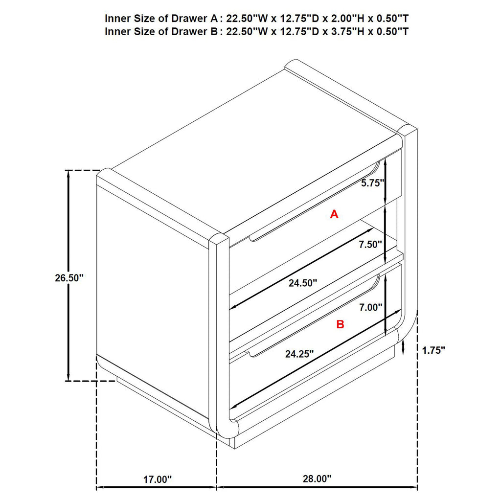 Leandro 2-drawer LED Nightstand with USB Burnished Black