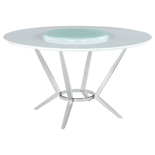 Abby Round Dining Table in White & Chrome w/ Turntable