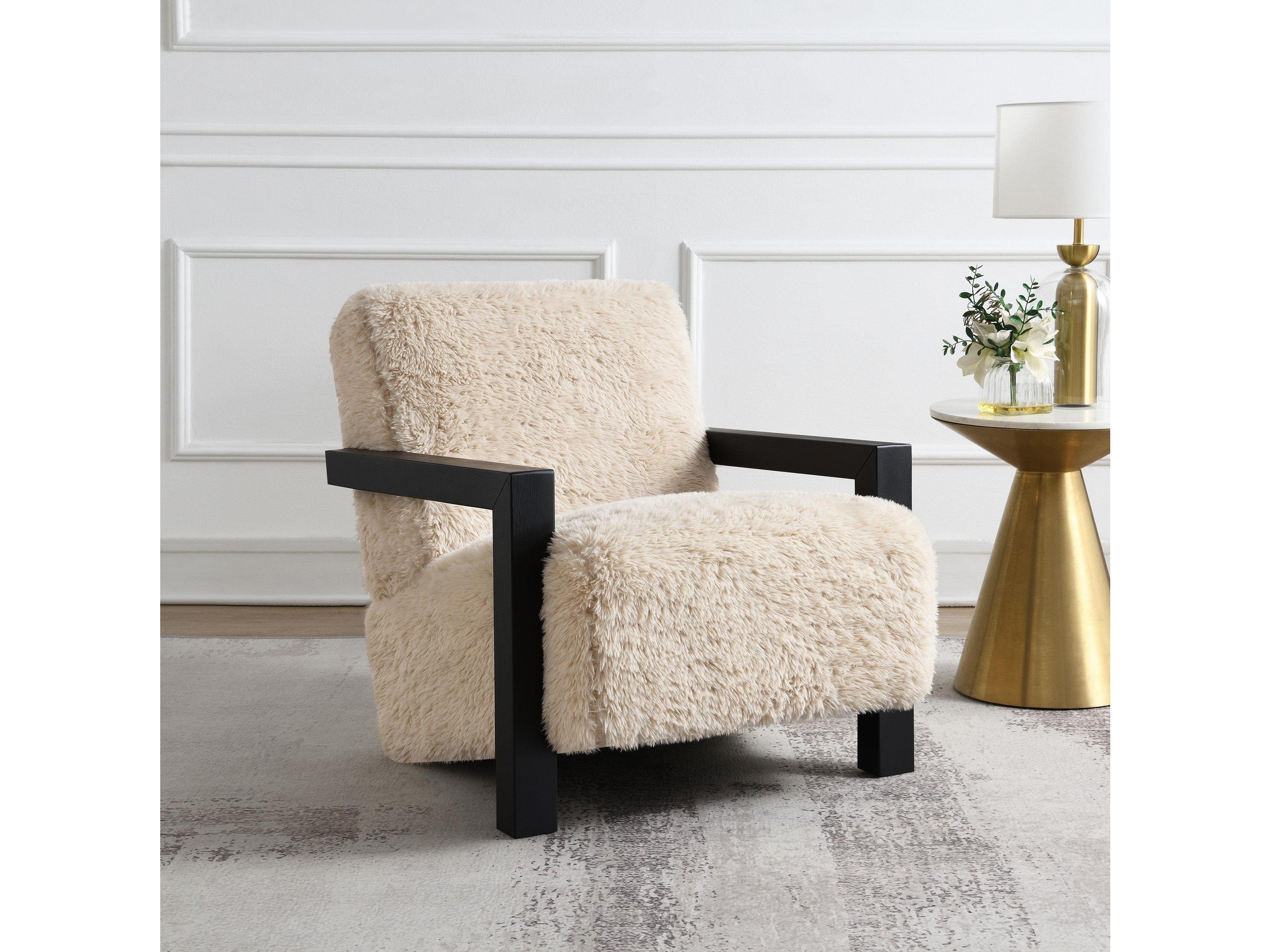 Fitzroy Faux Fur Upholstered Chair Solid Wood Arms Latte