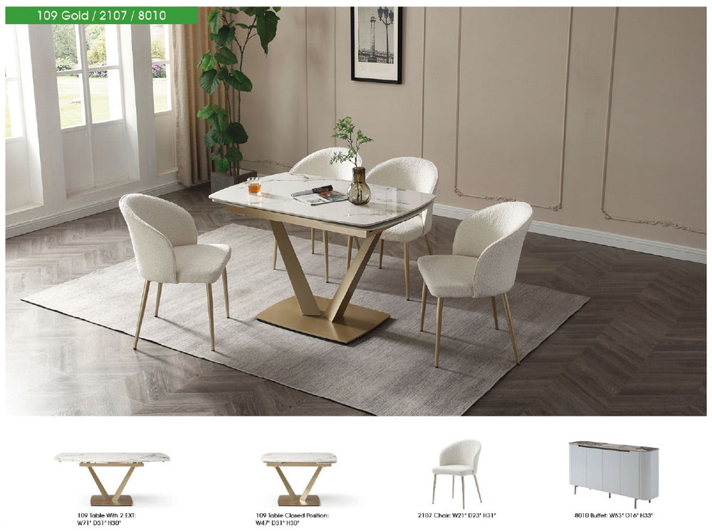 ESF Furniture - 109 - 7 Piece Dining Table Set in Gloss Golden - 109TABLEGOLDEN-7SET