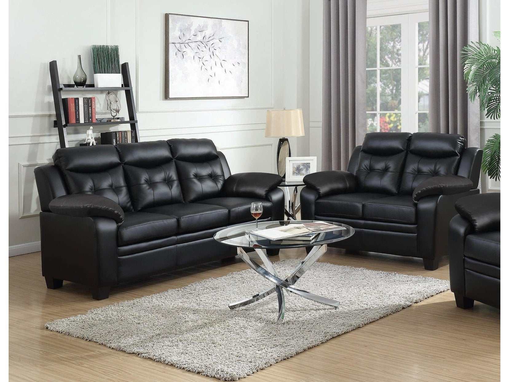 Finley 2-piece Upholstered Padded Arm Tufted Sofa Set Black