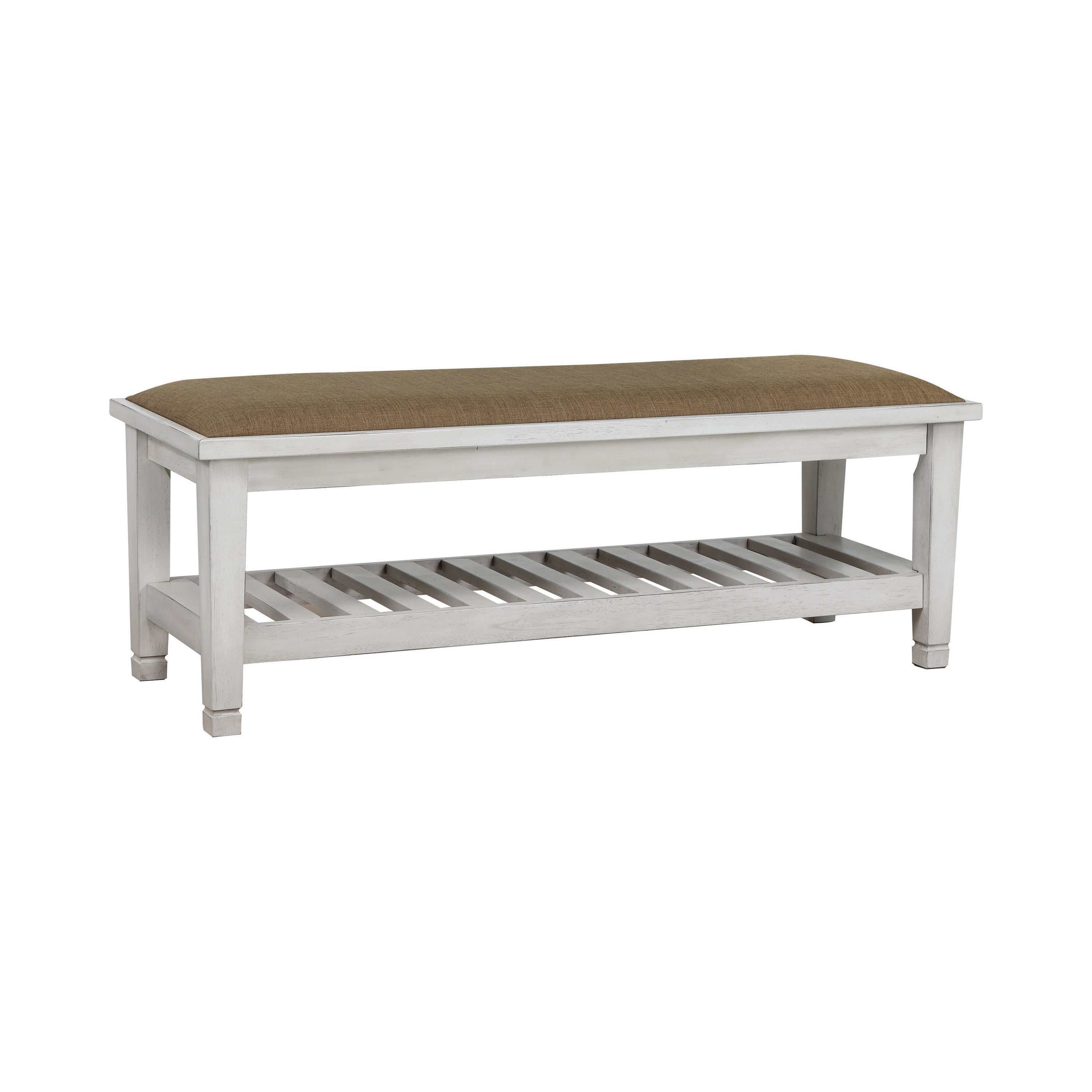 Franco Fabric Upholstered Bench with Shelf Distressed White