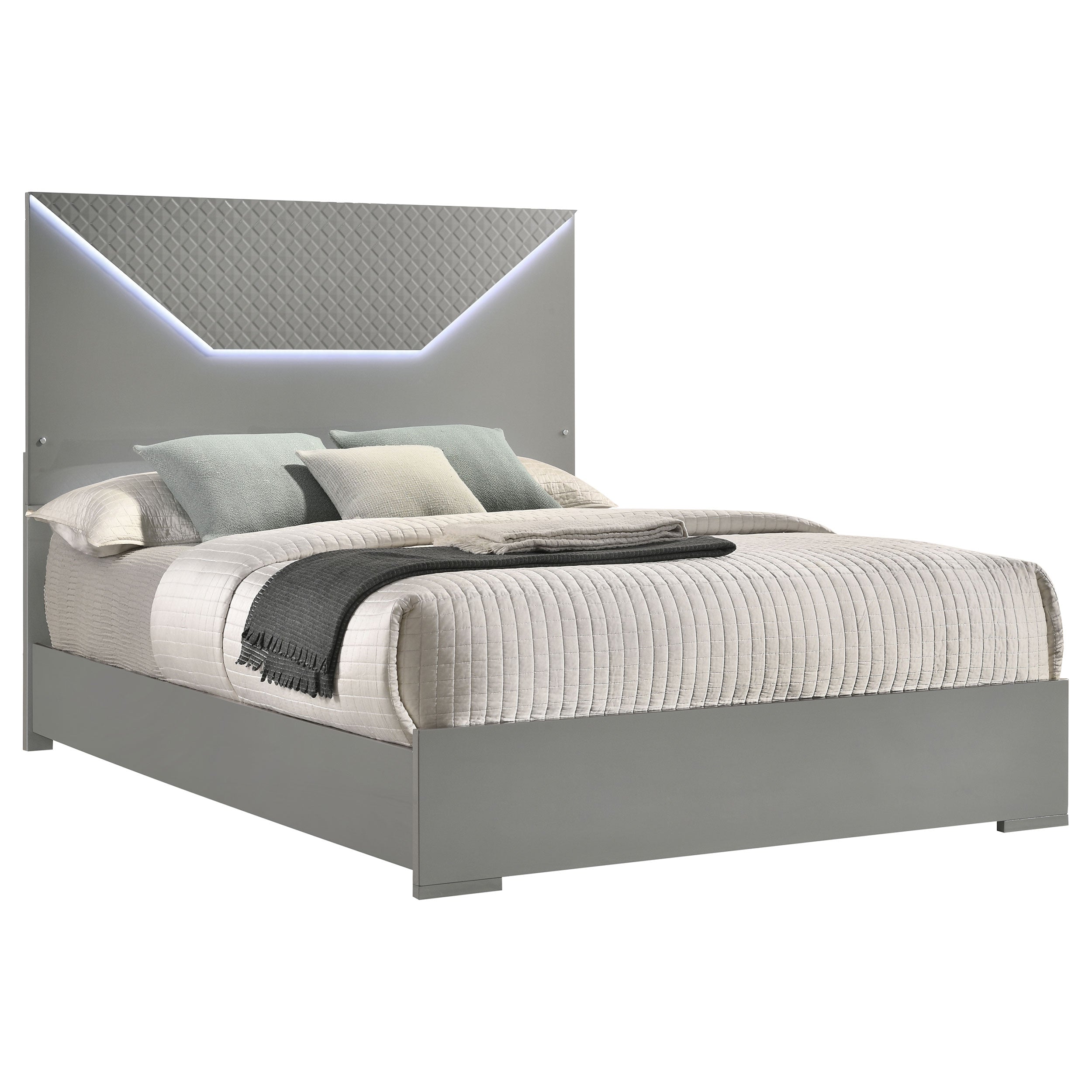 Ives Eastern King Panel Bed LED Headboard White High Gloss