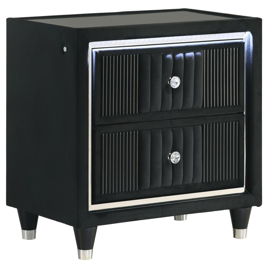 Ravenne 2-drawer Velvet Upholstered LED Nightstand with USB Black - 223192
