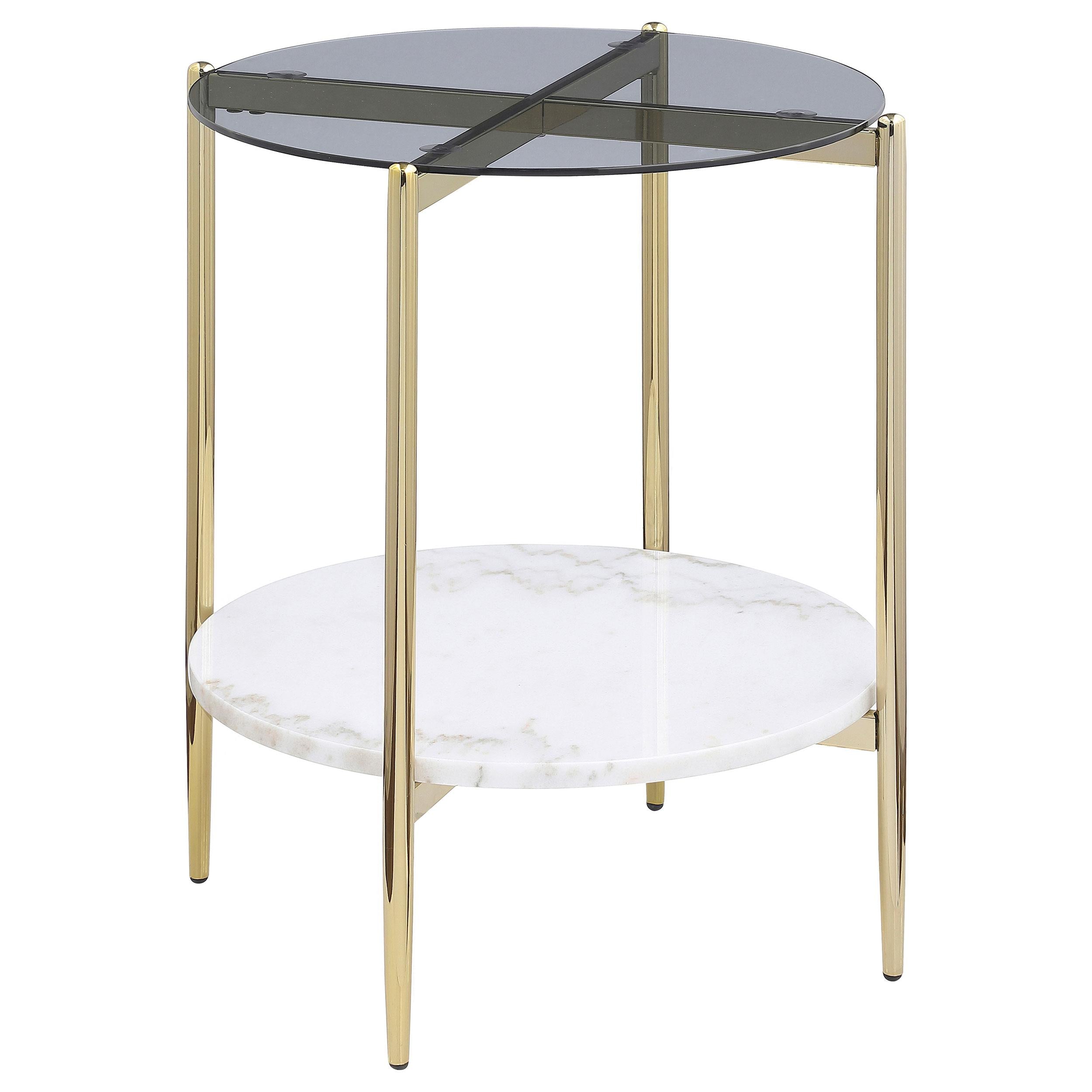 Jonelle Round Glass Top Coffee Table White Marble Shelf Gold