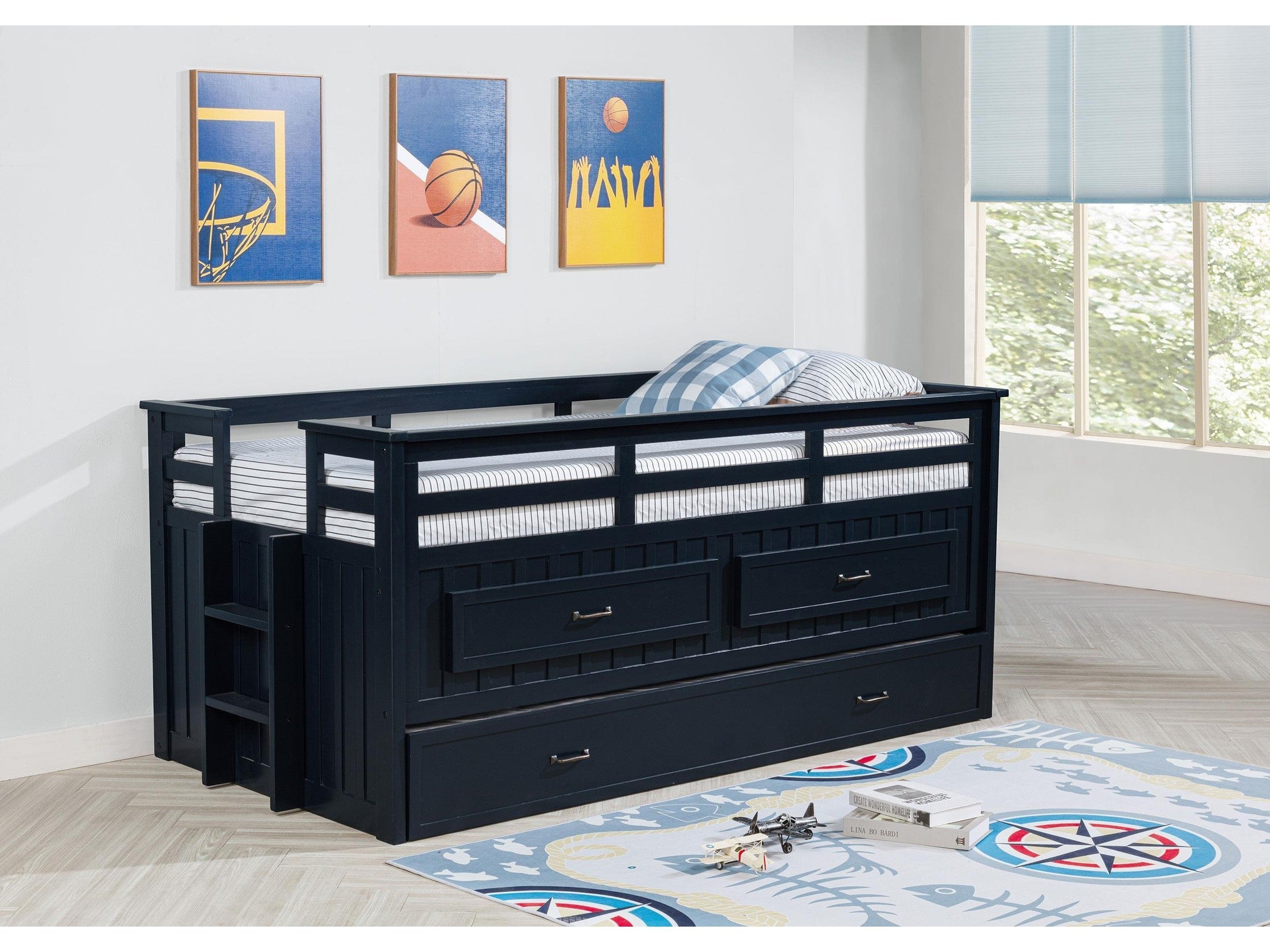 Carlsbad Wood Twin Captains Bed With Trundle Navy Blue