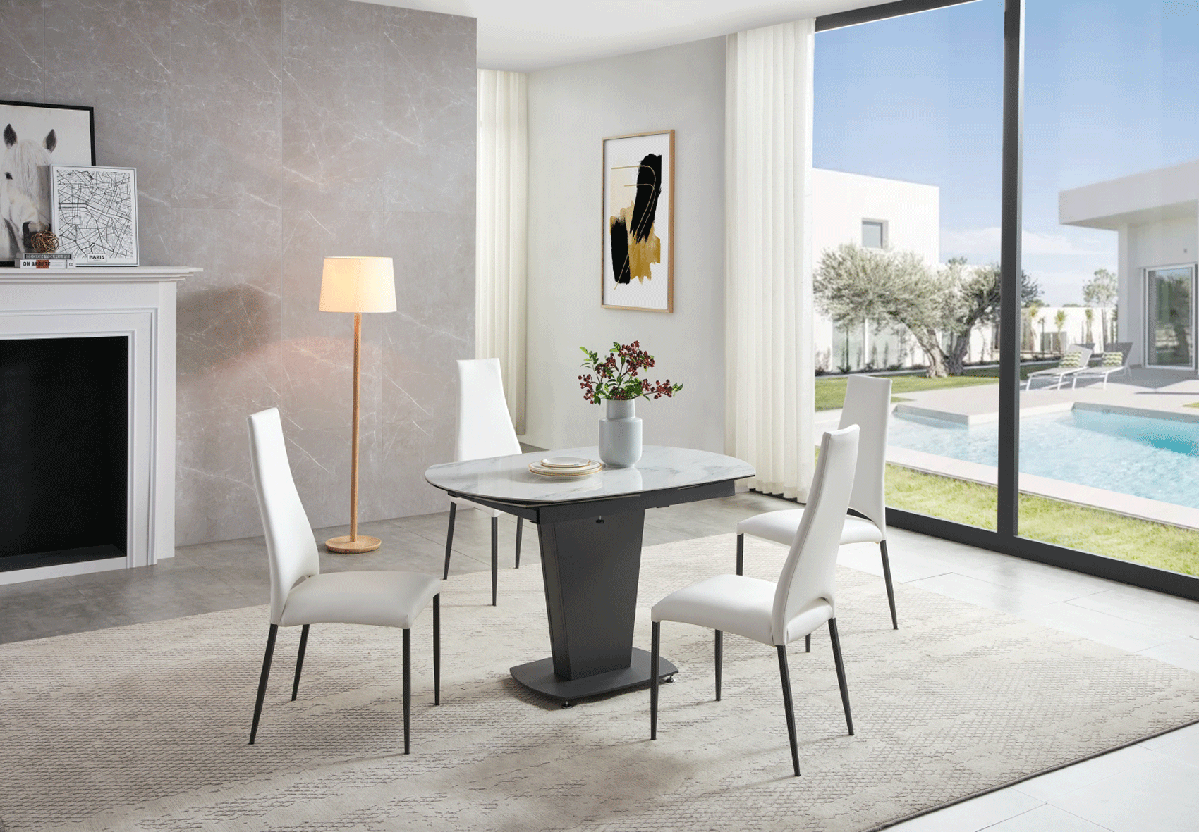 ESF Furniture - 2417 Dining Table 9 Piece Dining Room Set in White - 2417TABLEWHITE-9SET