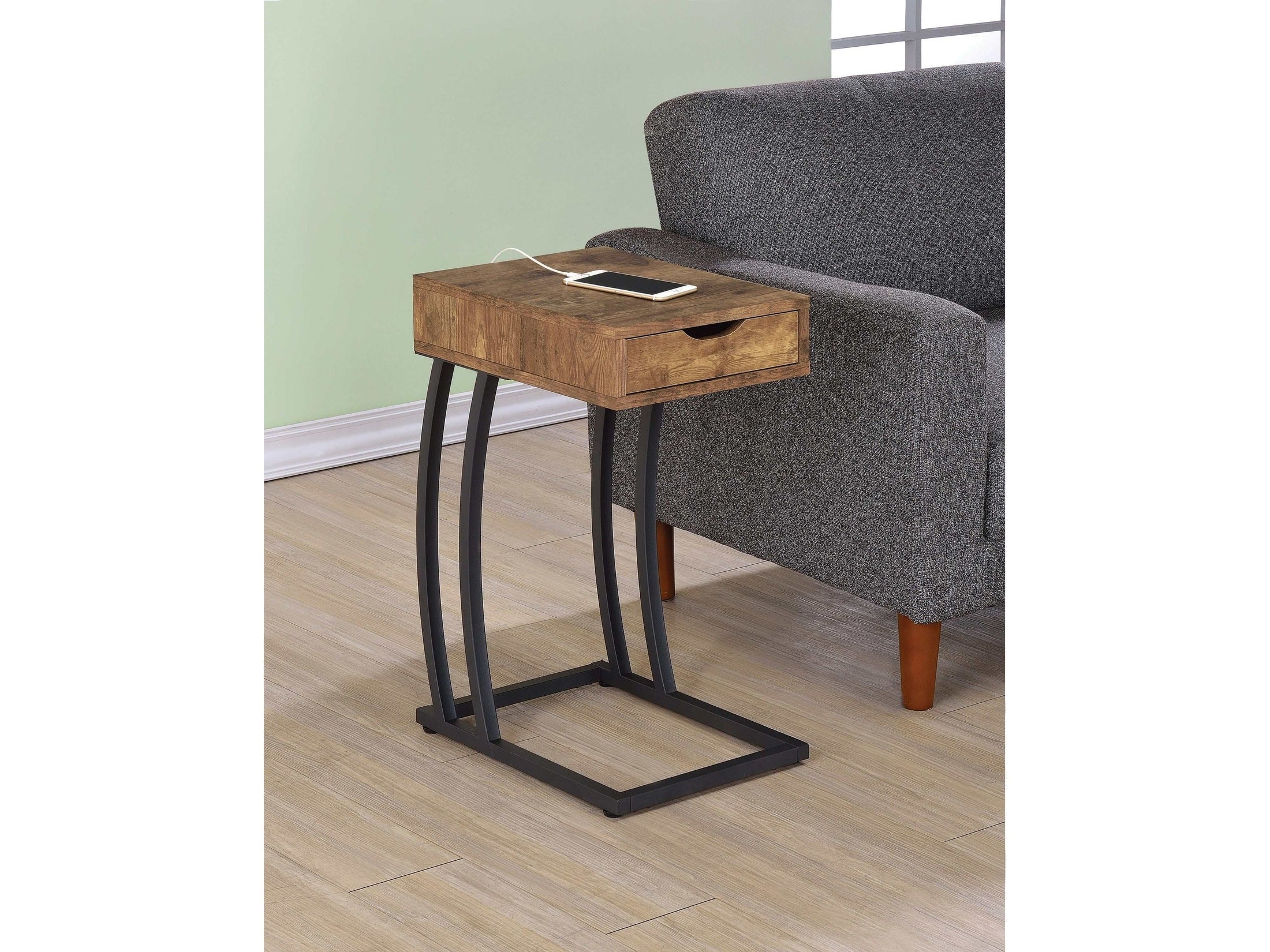 Troy 1-drawer C-Shaped Side Table Power Outlet Rustic Nutmeg