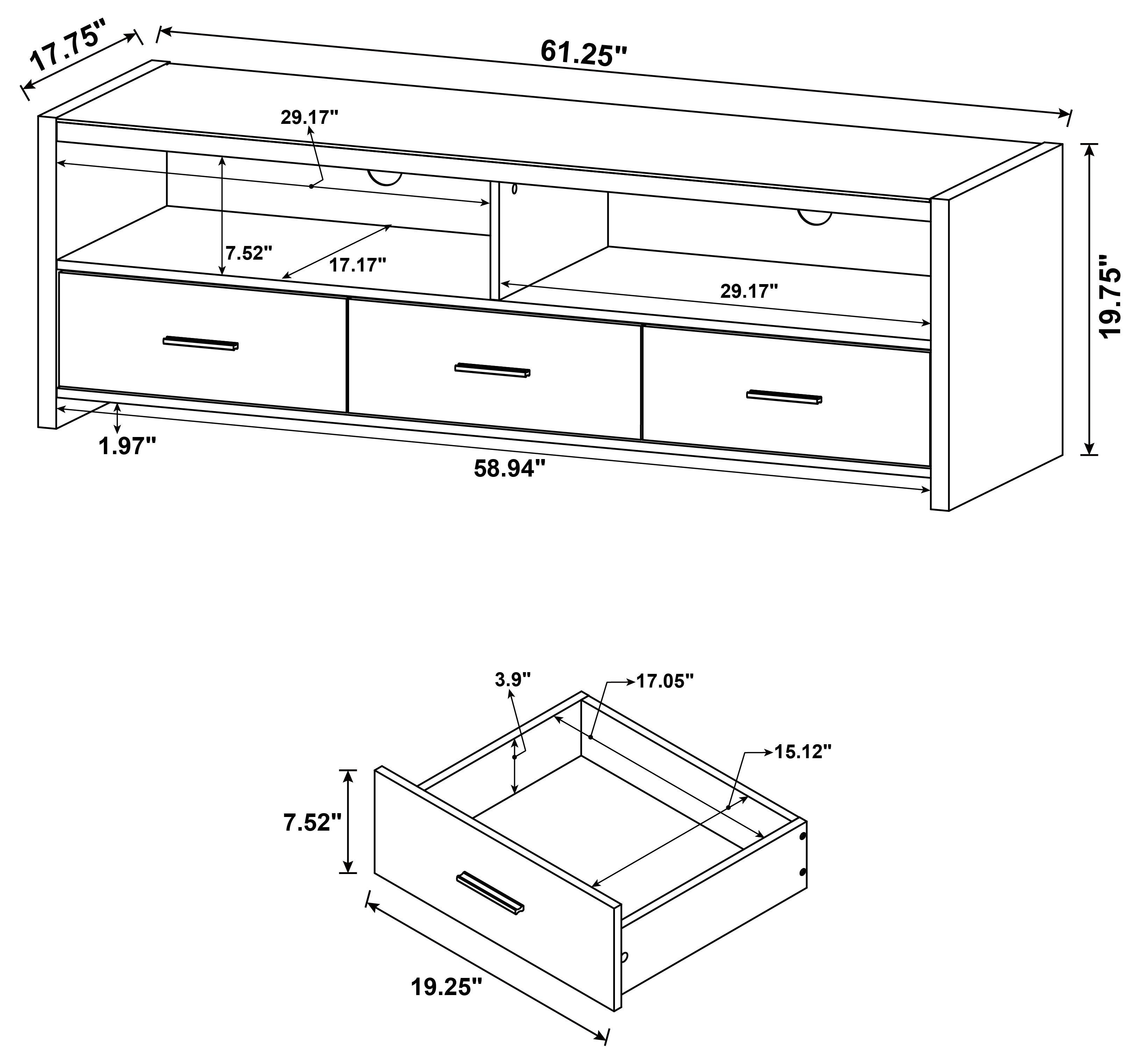 Alton Black Oak 3 Drawer TV Console 62″