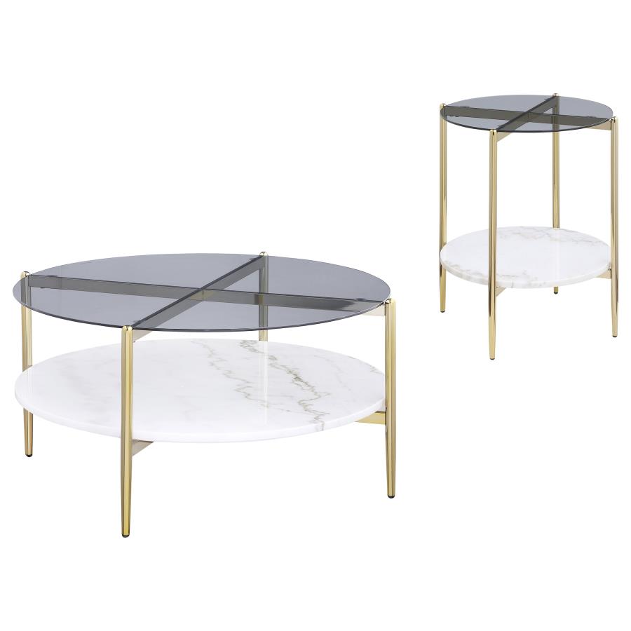 Jonelle Round Glass Top Coffee Table White Marble Shelf Gold