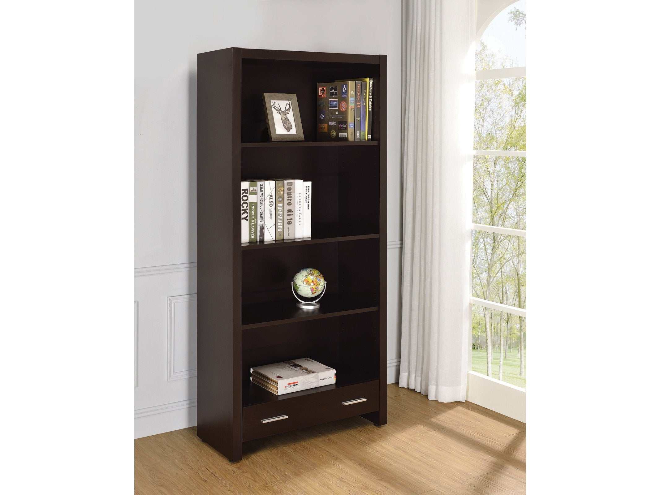 Skylar 71-inch 5-shelf Bookcase with Drawer Cappuccino