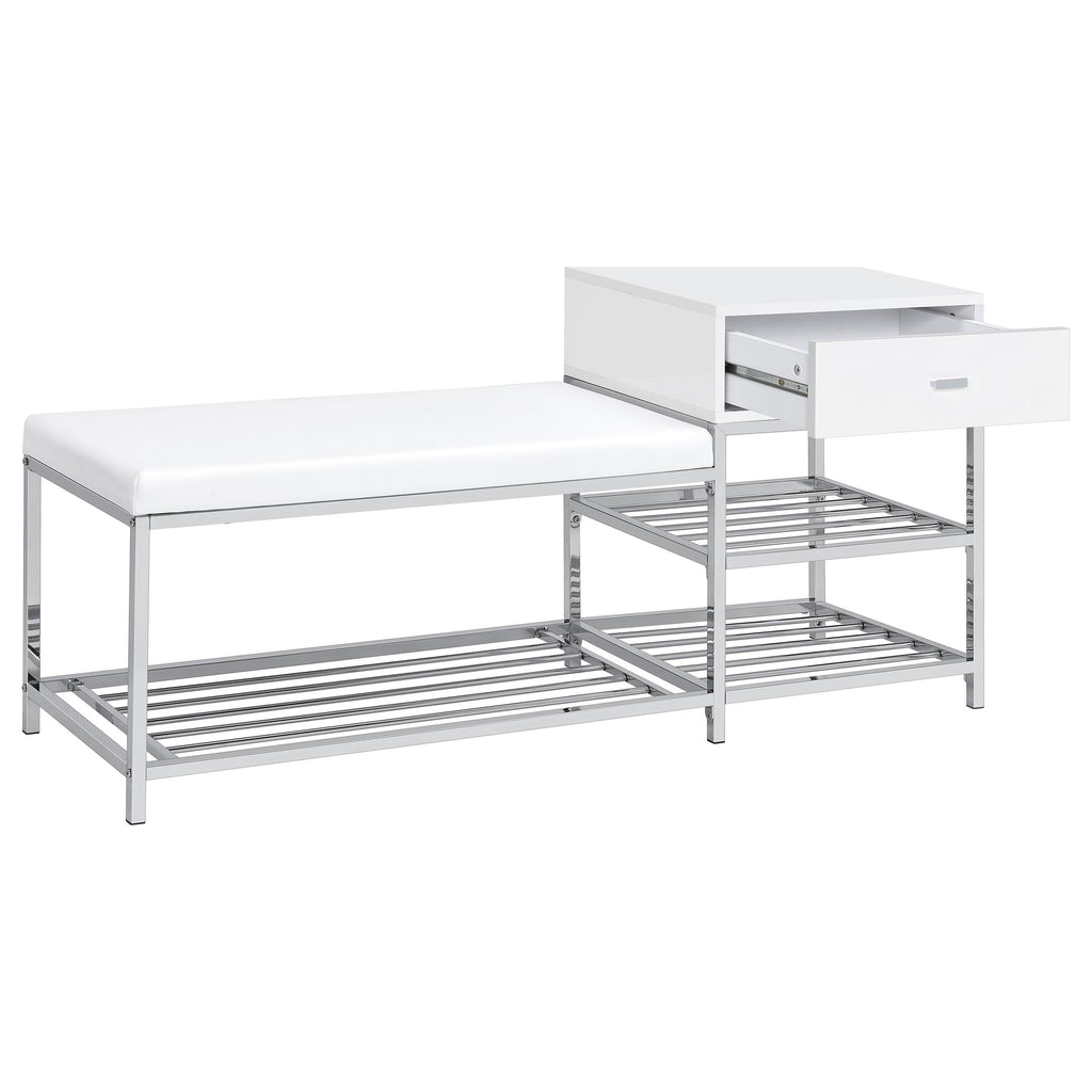 Siega 1-Drawer Shoe Storage Entryway Bench White High Gloss and Chrome