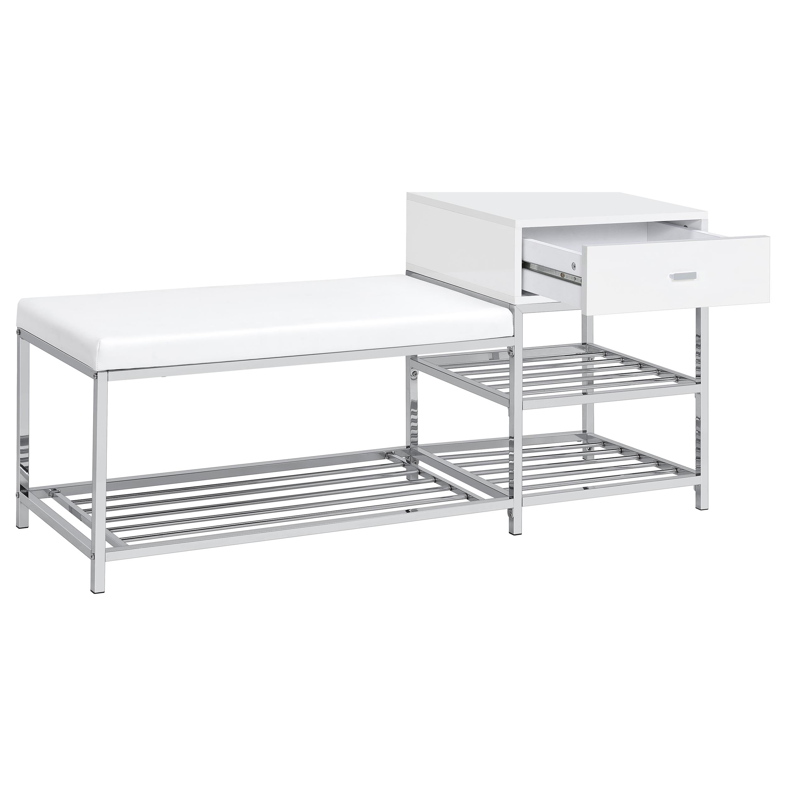 Siega 1-Drawer Shoe Storage Entryway Bench White High Gloss and Chrome
