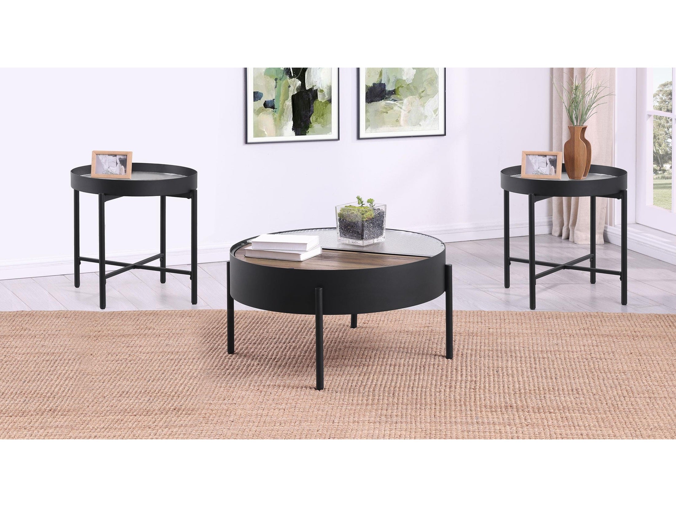 Ozella Round Coffee Table with Hidden Storage Sandy Black
