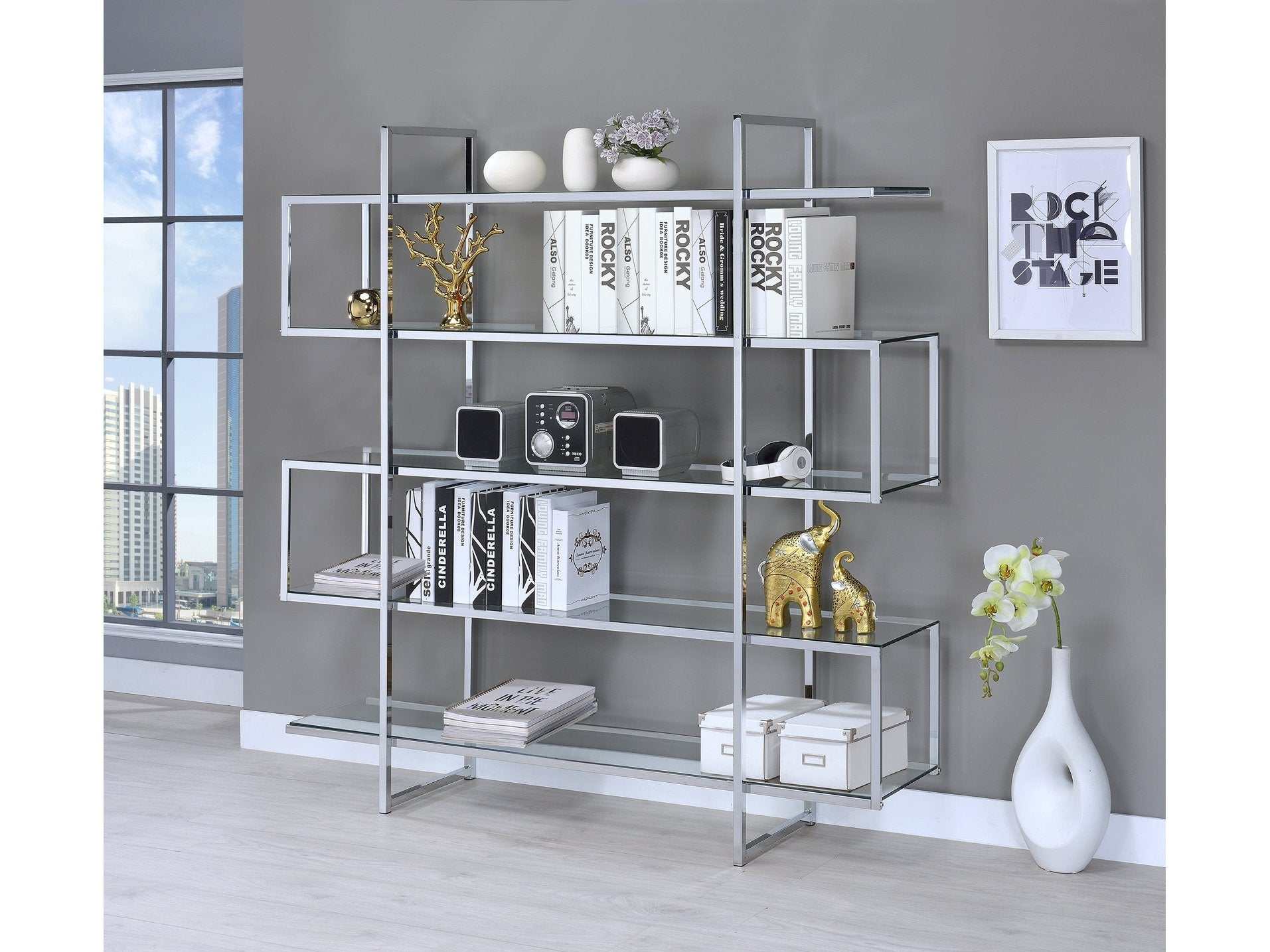 Elmer 63-inch 5-shelf Bookshelf Clear and Chrome