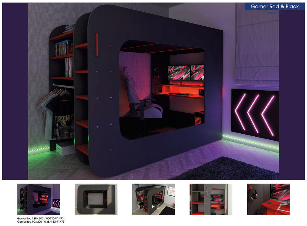 ESF Furniture - Gamer Bed 120x200 in Red & Black - GAMERBEDRED120x200