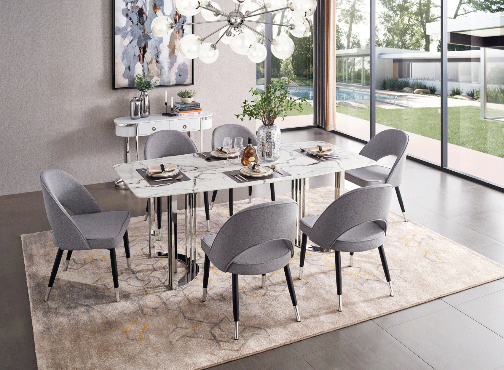 ESF Furniture - 131 Silver Marble 8 Piece Dining Room Set w-1ext in Silver - 131DININGTABLESS-8SET