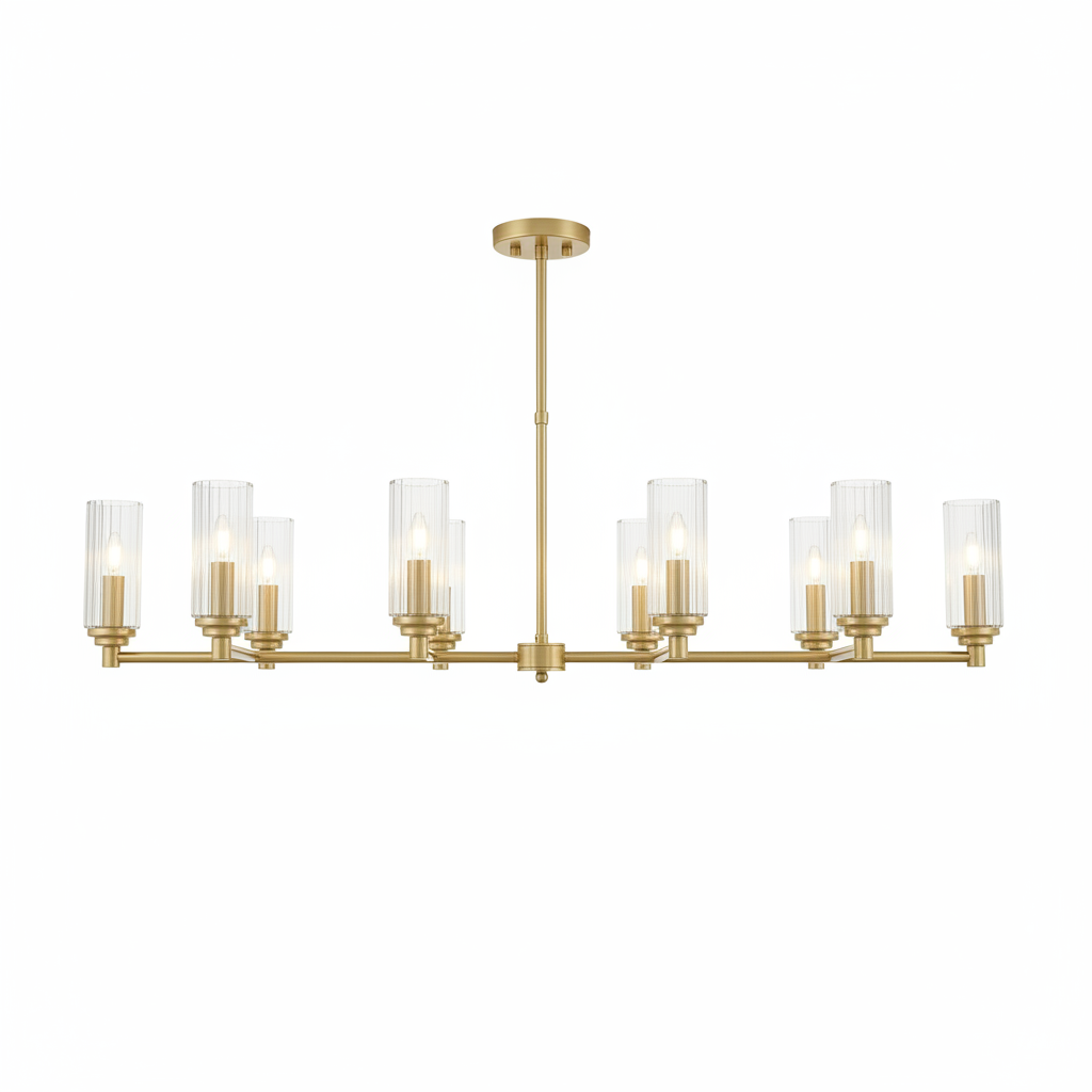 Willow Eight Lights Island With Clear Ribbed Glass Pendant Lamp - Satin Brass