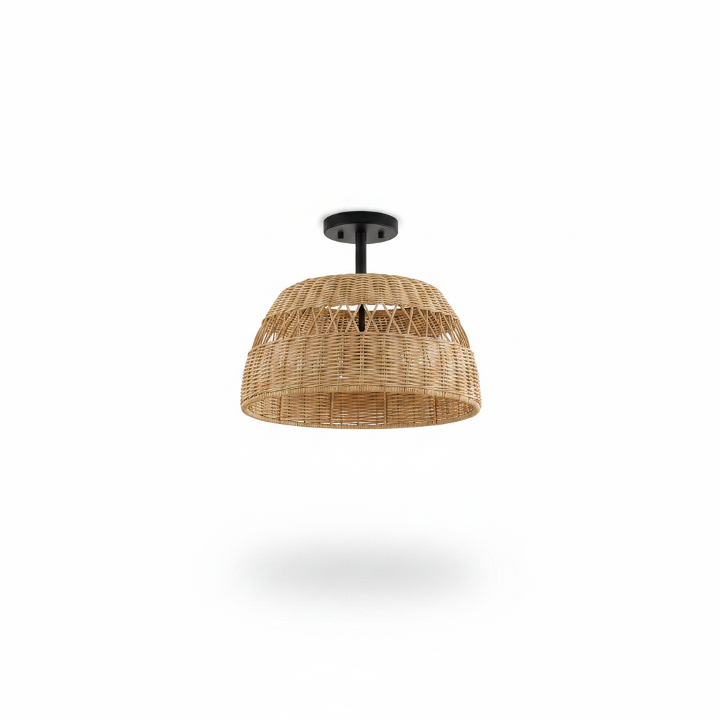 Twinkle 2-Light Rattan Semi-Flush Mount | Black Metal & Woven Farmhouse Ceiling Light