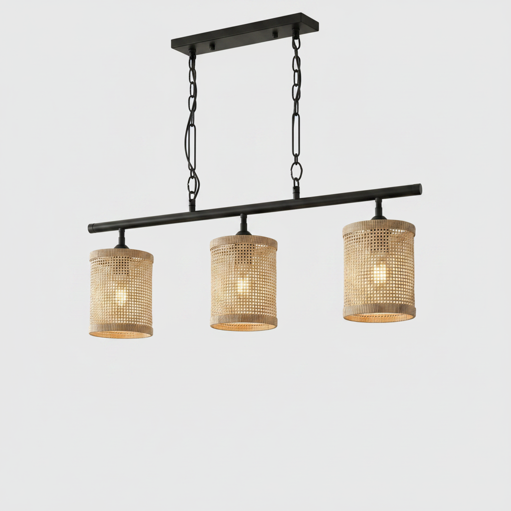 Elysian Three Lights Island With Natural Rattan Shade Farmhouse Chain Ceiling Lamp