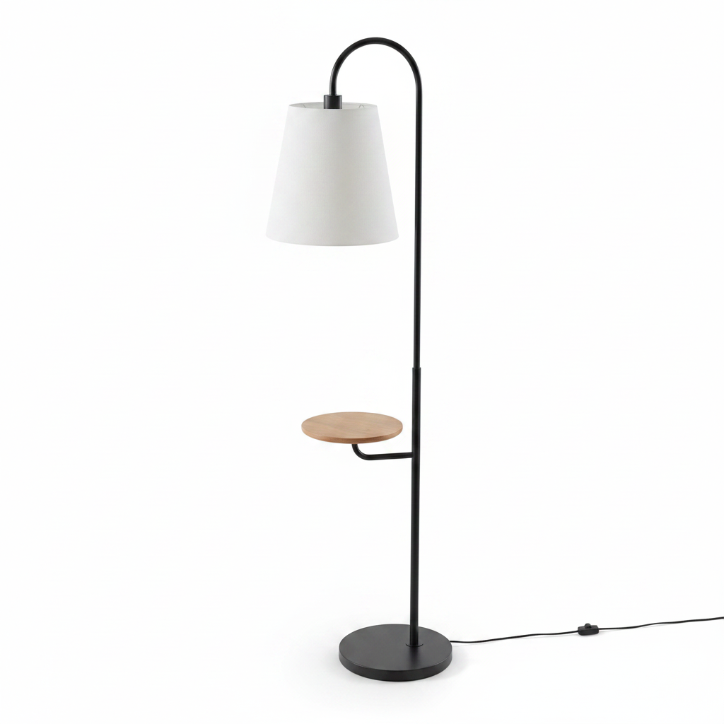 Seoul Black Floor Lamp with Rotary Switch Wood Table Metal Base