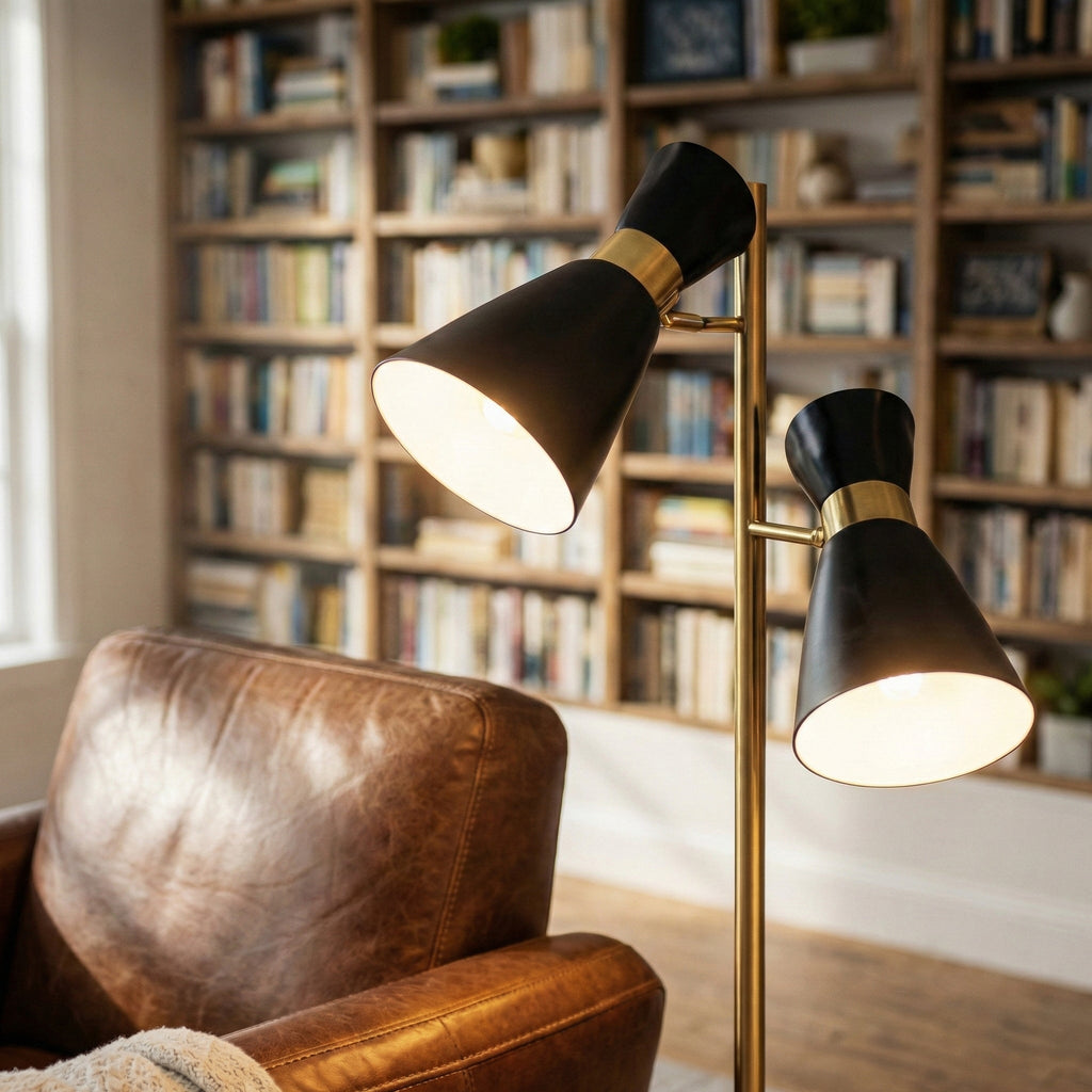 Axis Brassed Gold Floor Lamp with 4-Way Switch Double Spots with Metal Base