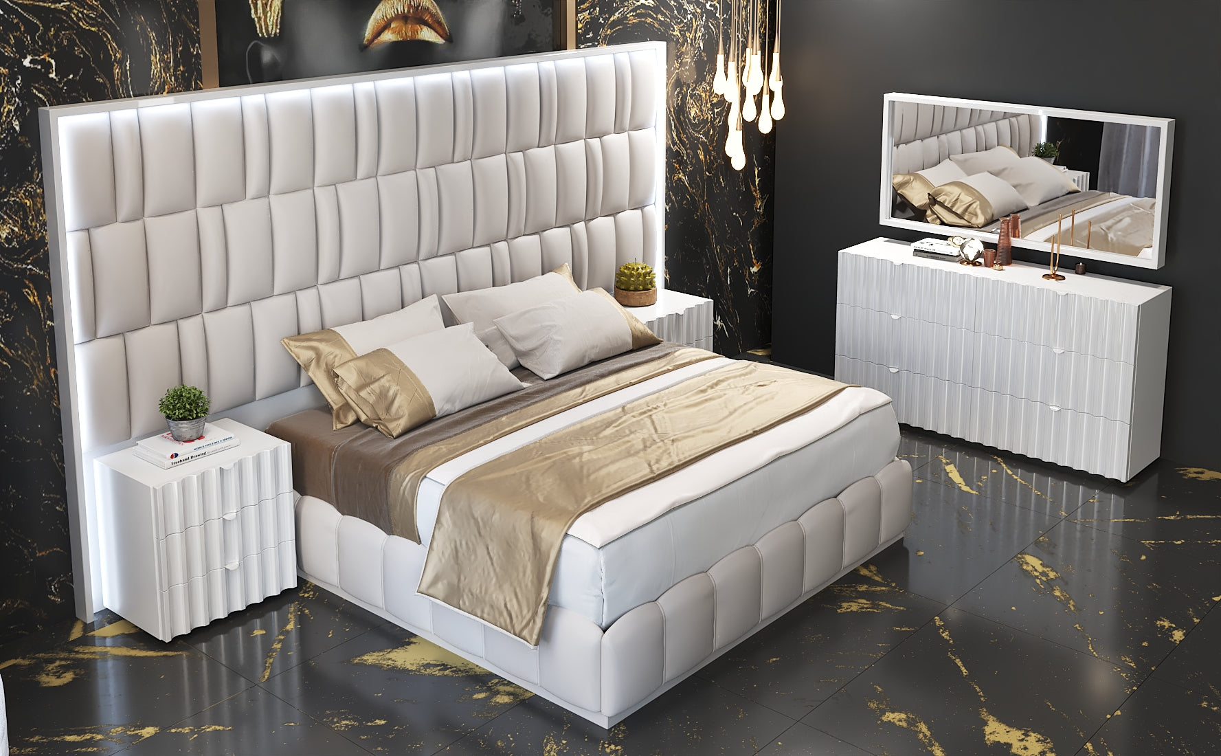 ESF FURNITURE - Orion Queen Size Bed in White with Light - ORIONQS