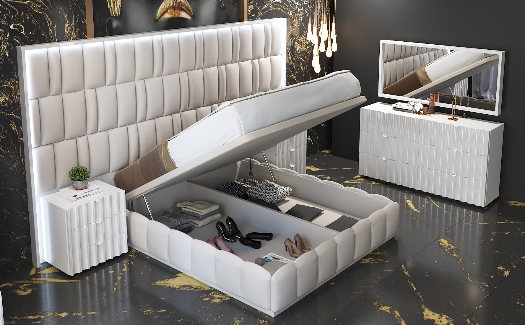 ESF FURNITURE - Orion King Size Bed in White with Light - ORIONKS
