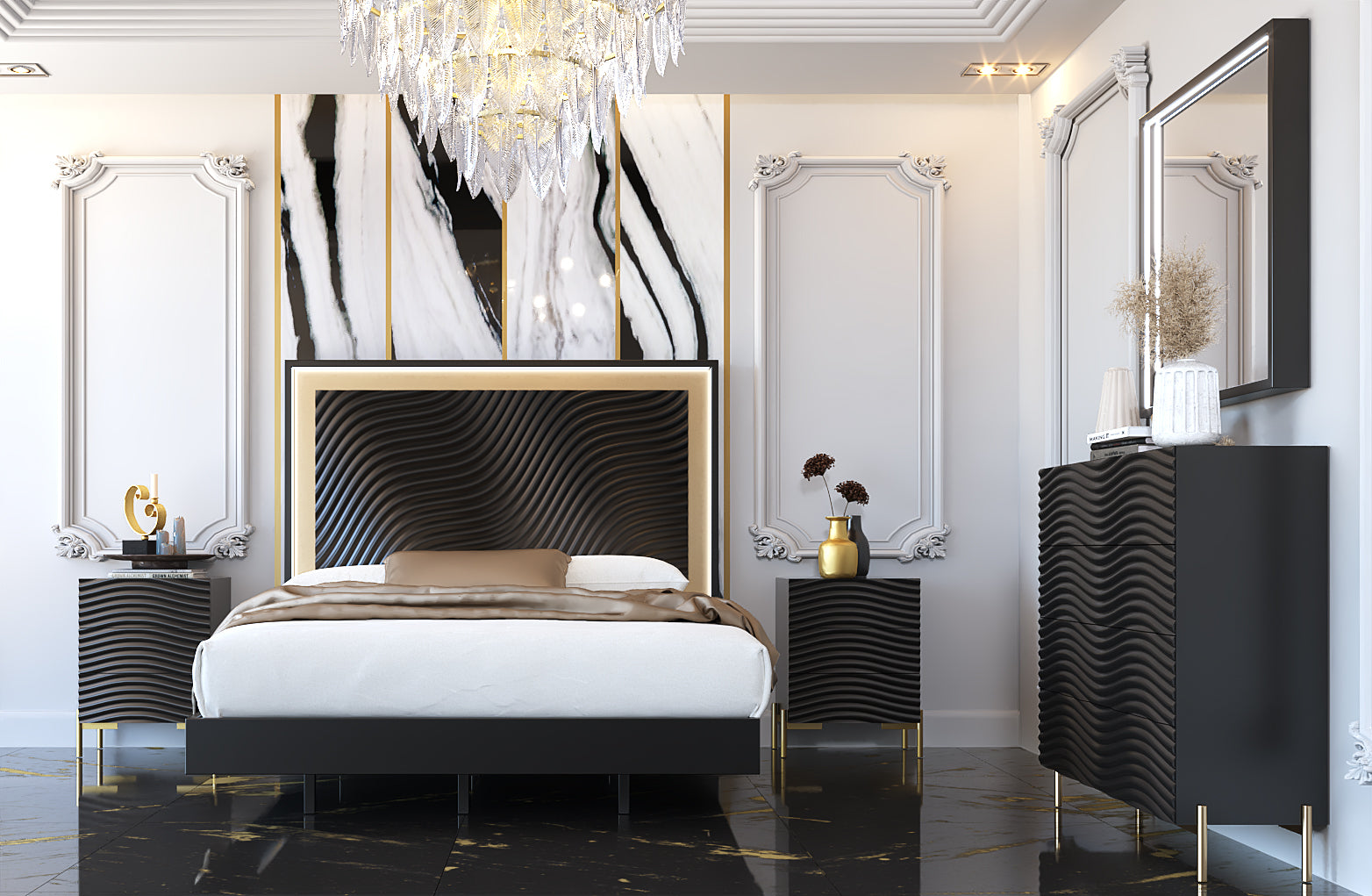 ESF Furniture - Franco Spain Wave 5 Piece Queen Bedroom Set in Dark Grey - WAVEQSBEDGREY-5SET
