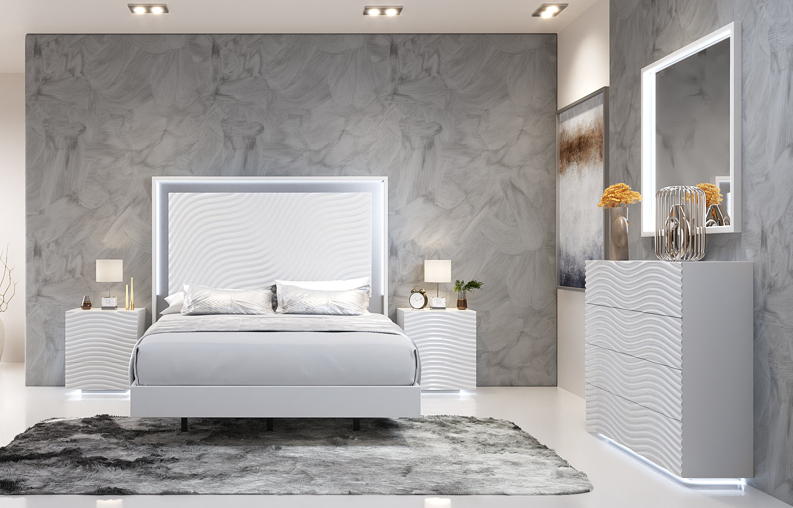 ESF Furniture - Franco Spain Wave King Size Bed in White - WAVEKSBEDWHITE