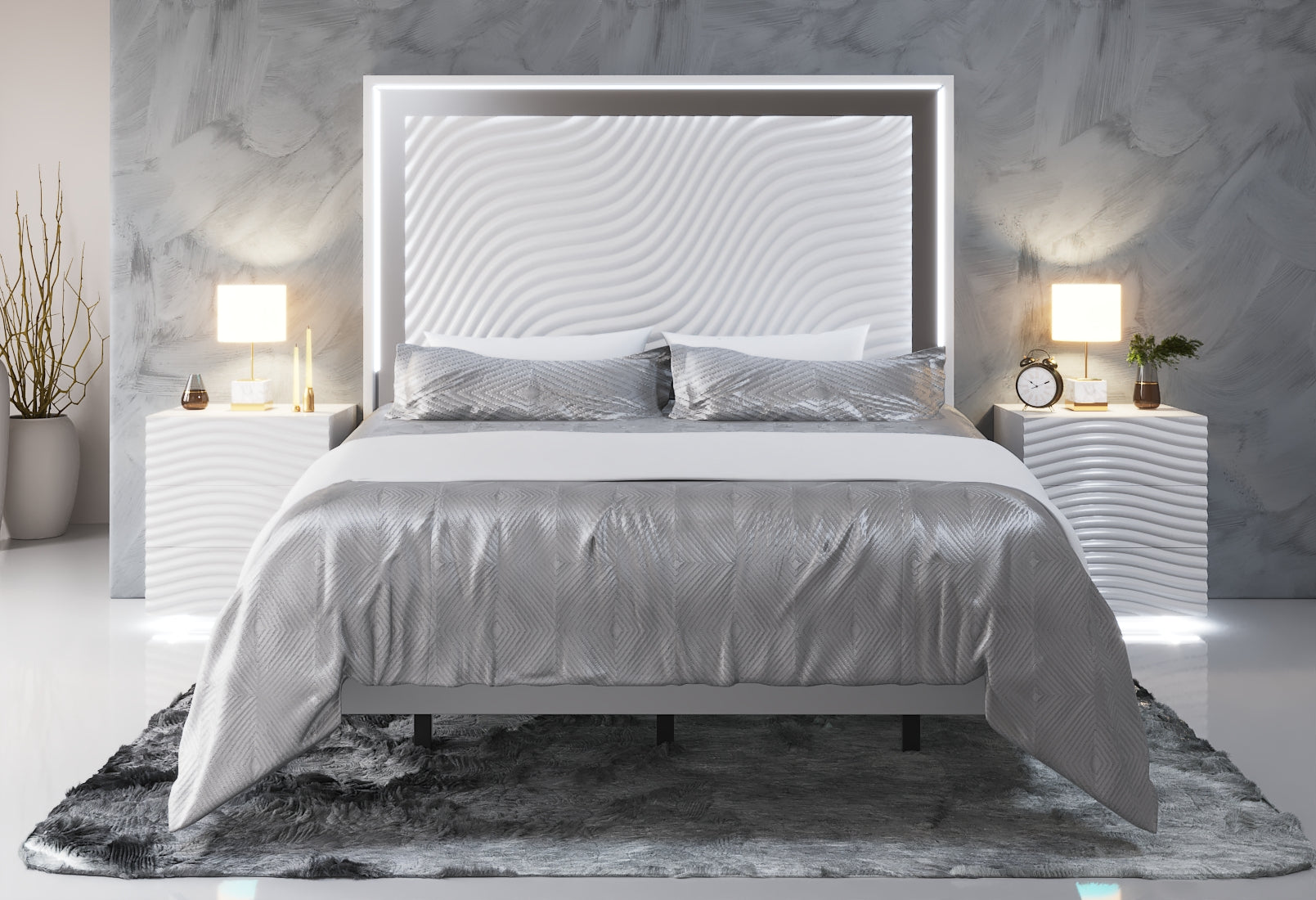 ESF Furniture - Franco Spain Wave 3 Piece King Bedroom Set in White - WAVEKSBEDWHITE-3SET