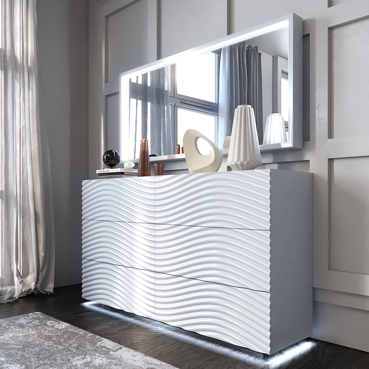 ESF Furniture - Franco Spain Wave Double Dresser with Mirror in White - WAVEDOUBLEDRESSEWHIT-MR