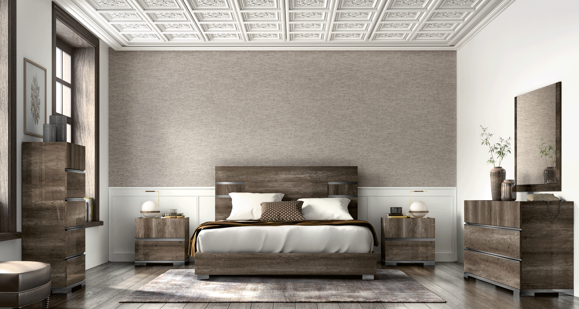 ESF Furniture - Status Italy Kamea 6 Piece King Bedroom Set in Vintage Oak - KAMEAKS-6SET