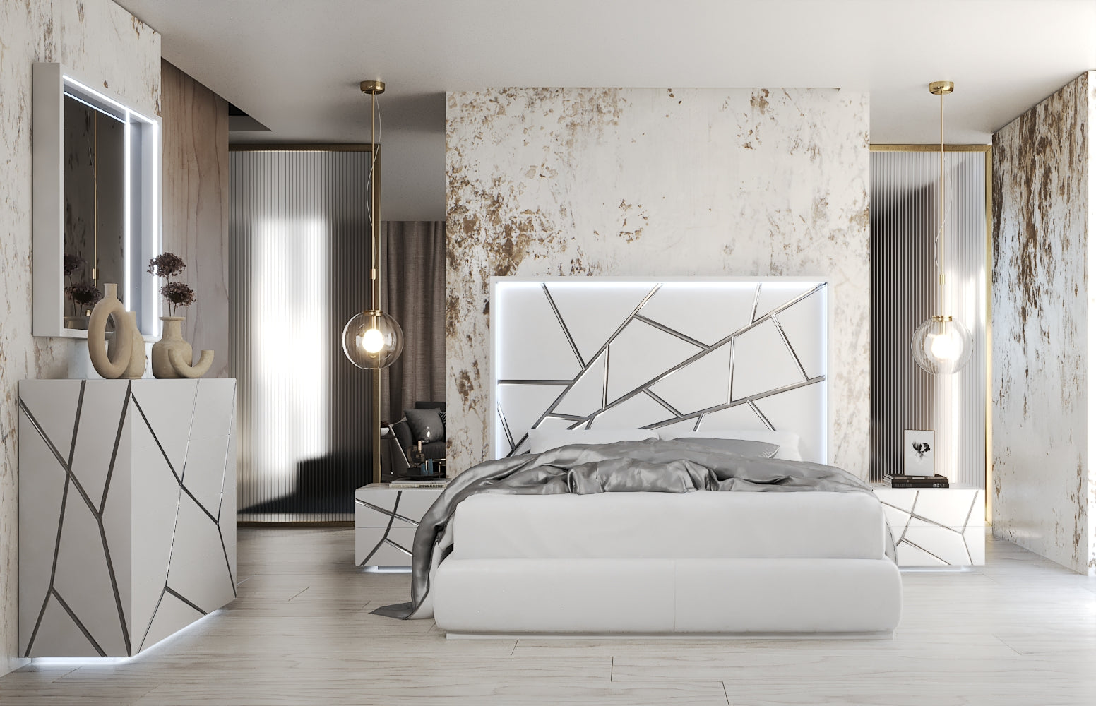 ESF Furniture - Franco Spain Gio King Size Bed w/Light in White - GIOKSBED