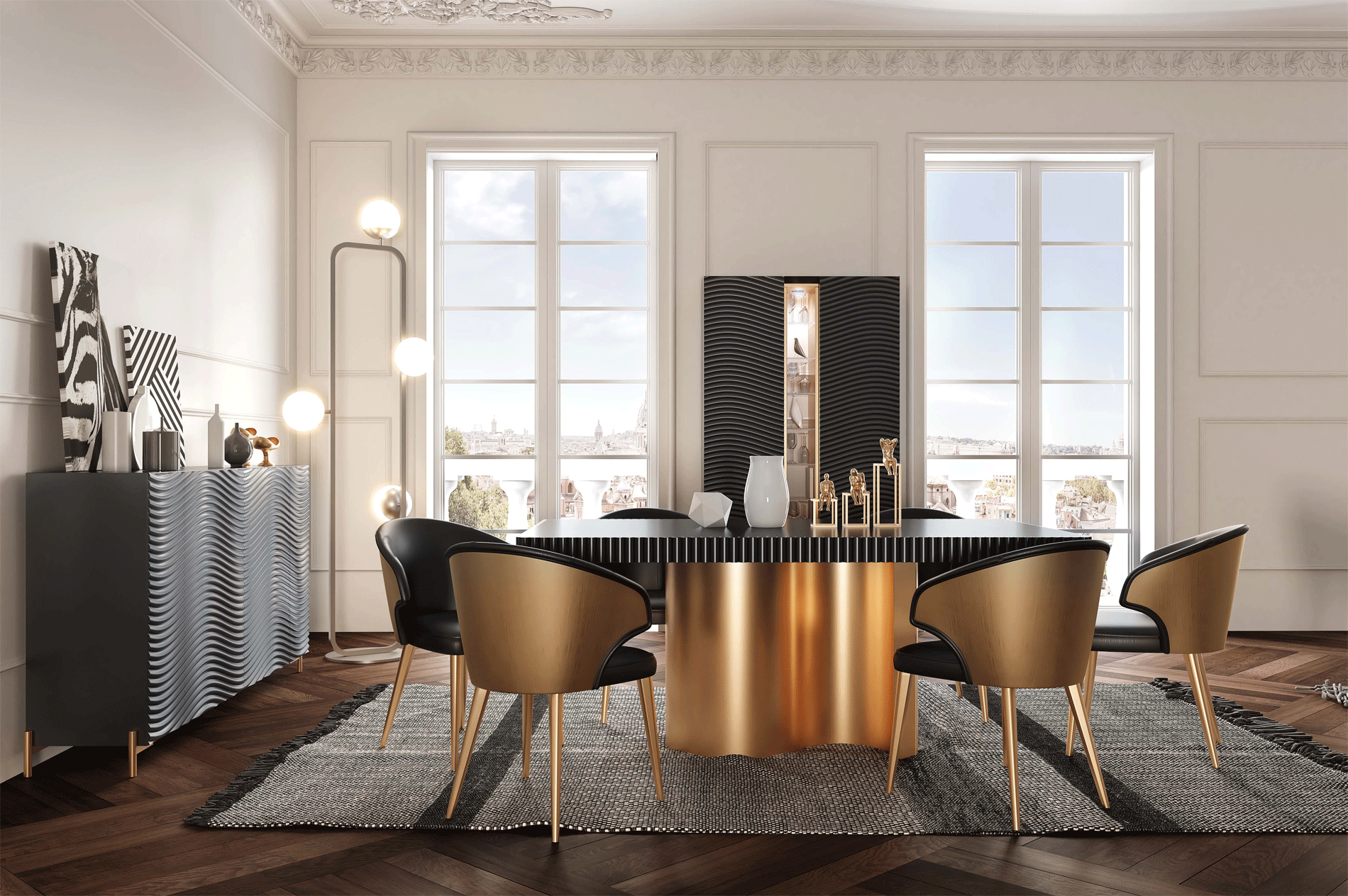 ESF Furniture - Wave Dining table with 2 Ext. in Matt Gold - WAVETABLEGREY