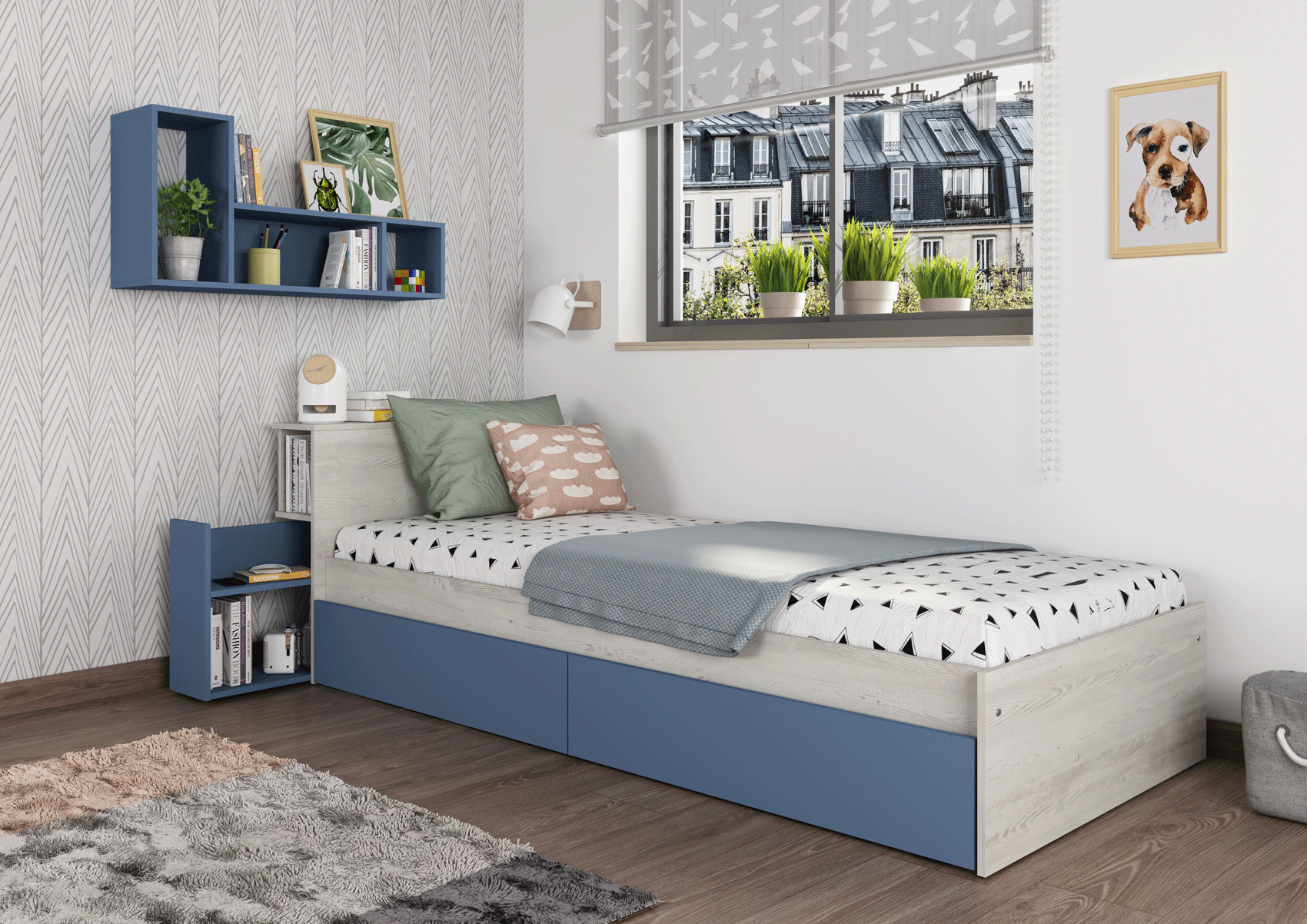 ESF Furniture - Jazz 4 Piece Kids Bedroom Set in Oak Blue - JAZZ-BED-4SET