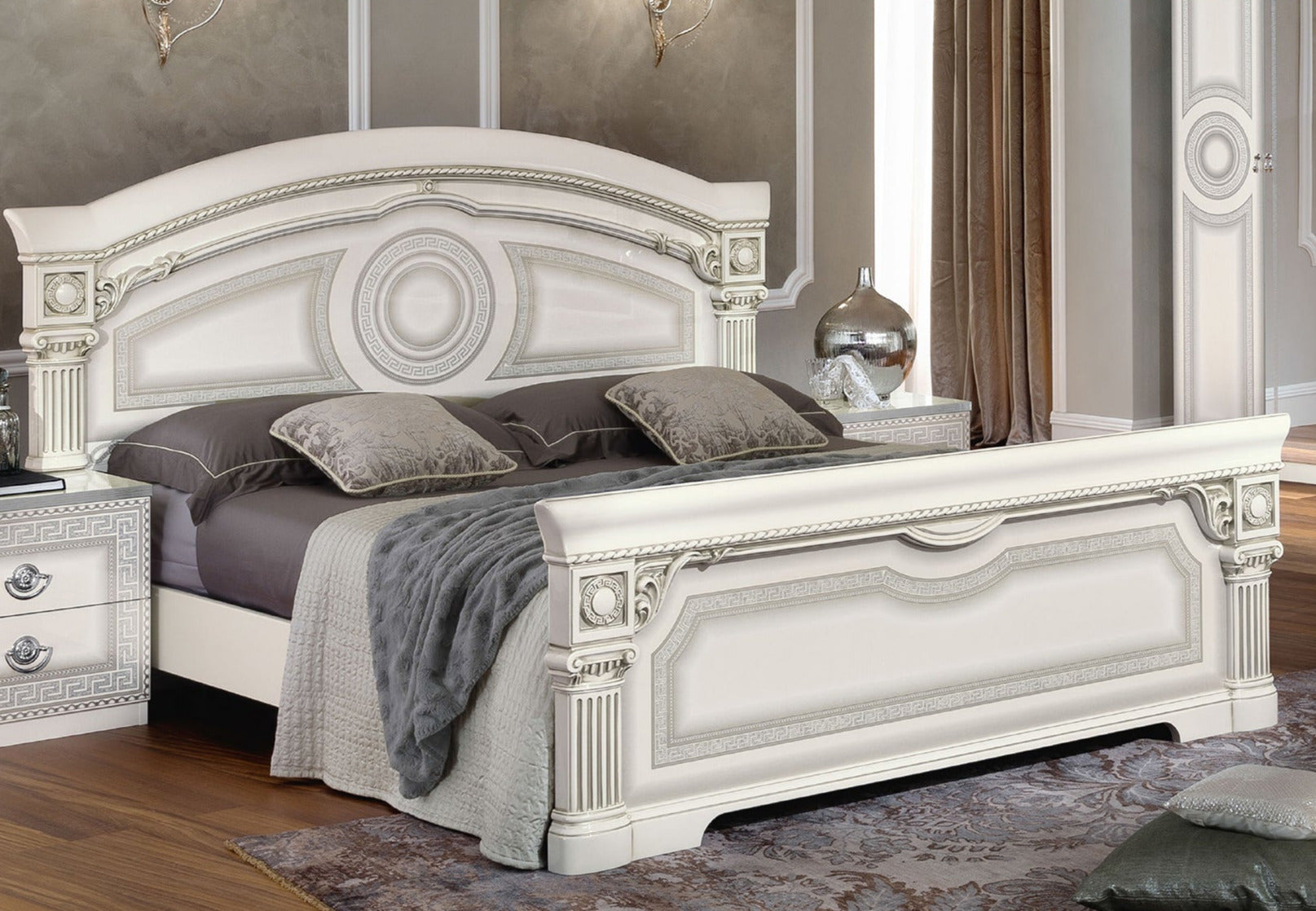 ESF Furniture - Aida 5 Piece Queen Panel Bedroom Set in White-Silver - AIDABEDQSWHITE-5SET