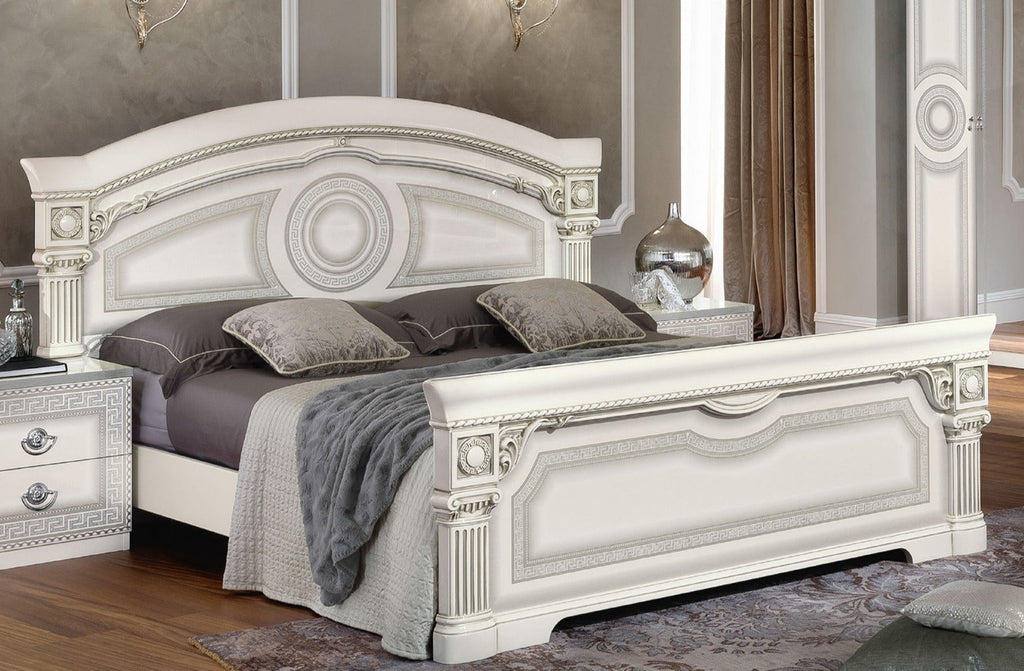 ESF Furniture - Aida 5 Piece King Panel Bedroom Set in White-Silver - AIDABEDKSWHITE-5SET