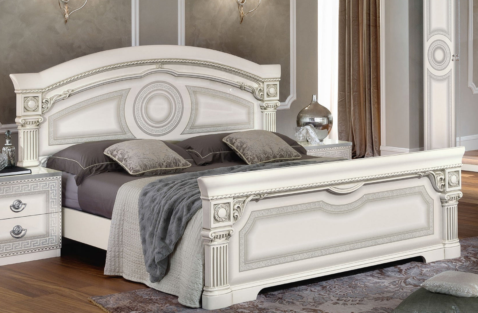 ESF Furniture - Aida 5 Piece King Panel Bedroom Set in White-Silver - AIDABEDKSWHITE-5SET